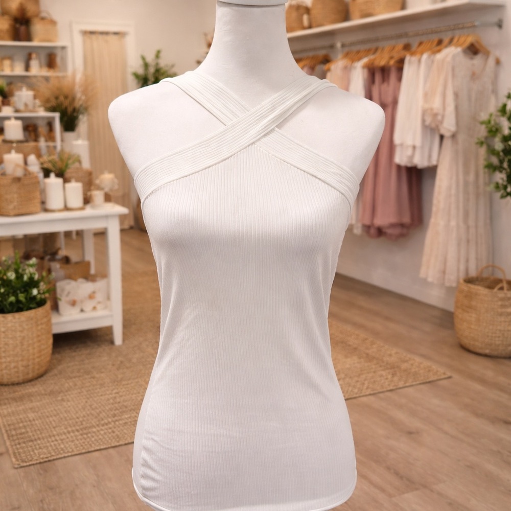 White Birch White Ribbed Crisscross Halter Tank Top Boutique S XL NWOT